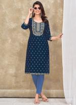 Magic Slub Blue Festival Wear Foil Print Readymade Kurti